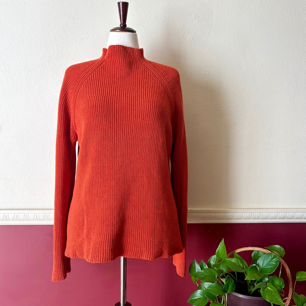 Vintage Jones New York Ribbed 100% Cotton Mock Neck Sweater XL 90s Cozy Orange